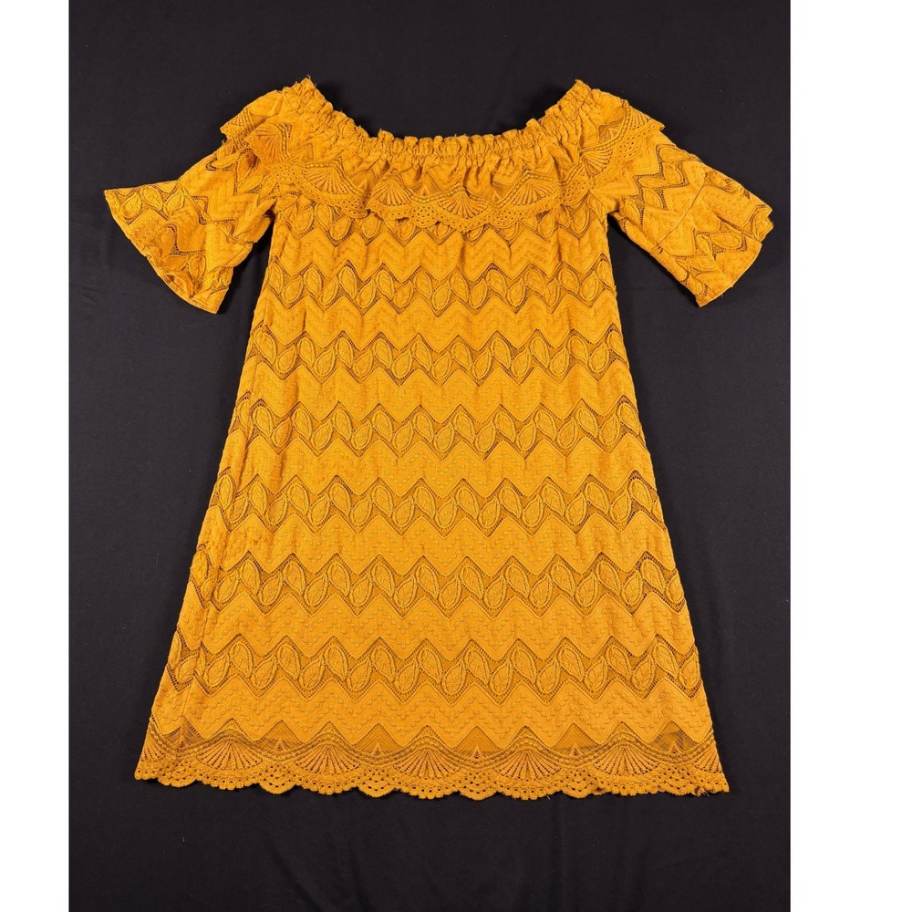 Vivi Mustard Yellow Lace Off Shoulder Mini Dress Chevron‎ Leaf Pattern Crochet